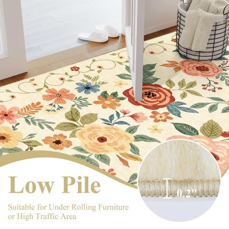 DUKINO 2x3 Rugs for Entryway, Floral Indoor Washable Door Mat, Non Slip Boho Small Rug for Kitchen, Soft Low Pile Front Door Throw Rug for Entrance, Bedroom, Kitchen, Laundry, Bathroom, Beige Yellow - Image 5