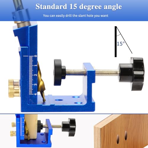 GQGP Pocket Hole Jig Kit, Metal Pocket Screw Jig 15 Degree Drilling Locator,Pocket Dowel Hole Jig System Set Wood Joint Angle Tool (Blue) - Image 2