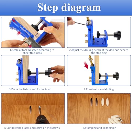 GQGP Pocket Hole Jig Kit, Metal Pocket Screw Jig 15 Degree Drilling Locator,Pocket Dowel Hole Jig System Set Wood Joint Angle Tool (Blue) - Image 3