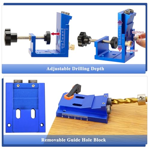 GQGP Pocket Hole Jig Kit, Metal Pocket Screw Jig 15 Degree Drilling Locator,Pocket Dowel Hole Jig System Set Wood Joint Angle Tool (Blue) - Image 5