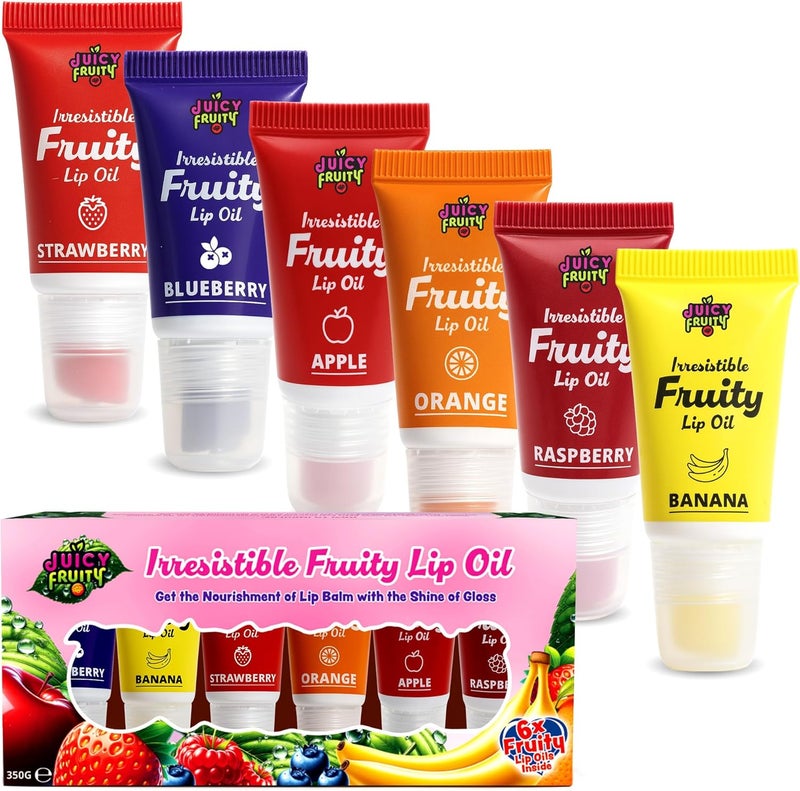 SOL 6pk Irresistible Fruity Lip Oil 8ml Each Tube Non Sticky Hydrating Lip Balm Flavoured Gloss in Apple Orange Banana Strawberry Blueberry Raspberry for Soft Smooth Lips Kissable Results