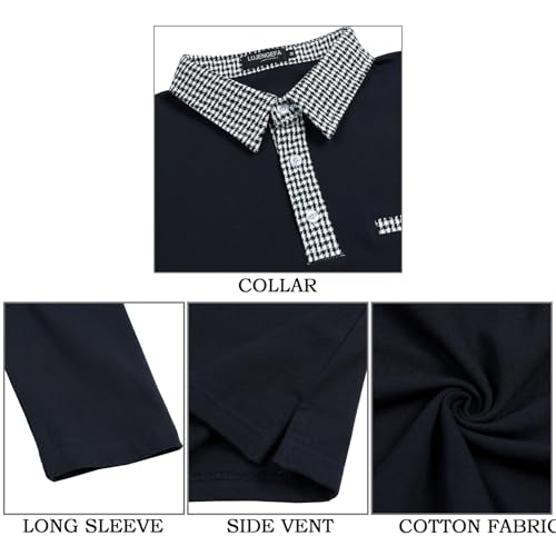 LUJENGEFA Mens Long Sleeve Polo Shirts with Collar Houndstooth Casual Slim fit Golf Polo Fall Winter Cotton T Shirts Tops for Men Navy Blue S - Image 5