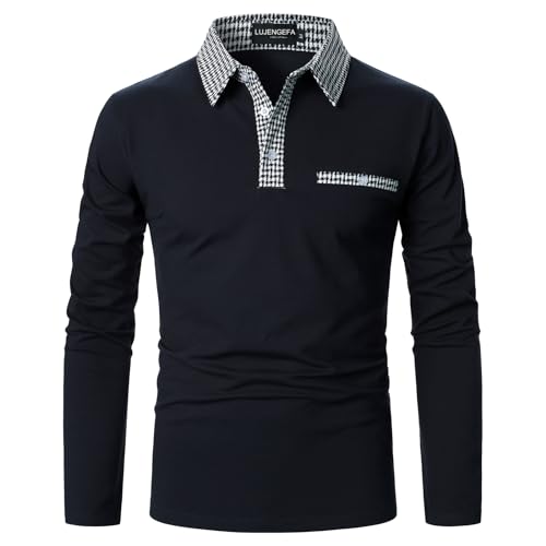 LUJENGEFA Mens Long Sleeve Polo Shirts with Collar Houndstooth Casual Slim fit Golf Polo Fall Winter Cotton T Shirts Tops for Men Navy Blue S - Image 1