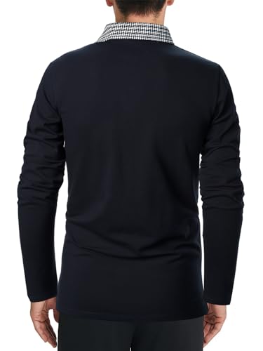 LUJENGEFA Mens Long Sleeve Polo Shirts with Collar Houndstooth Casual Slim fit Golf Polo Fall Winter Cotton T Shirts Tops for Men Navy Blue S - Image 4