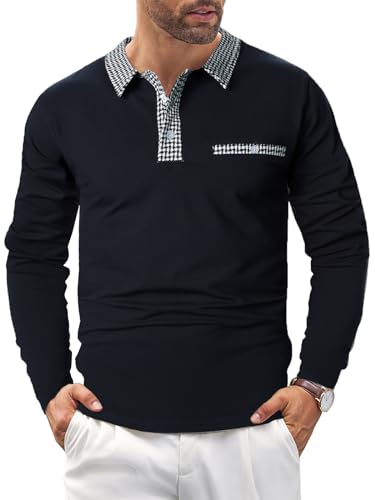 LUJENGEFA Mens Long Sleeve Polo Shirts with Collar Houndstooth Casual Slim fit Golf Polo Fall Winter Cotton T Shirts Tops for Men Navy Blue S - Image 3