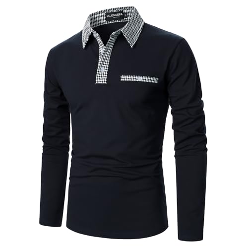 LUJENGEFA Mens Long Sleeve Polo Shirts with Collar Houndstooth Casual Slim fit Golf Polo Fall Winter Cotton T Shirts Tops for Men Navy Blue S - Image 2