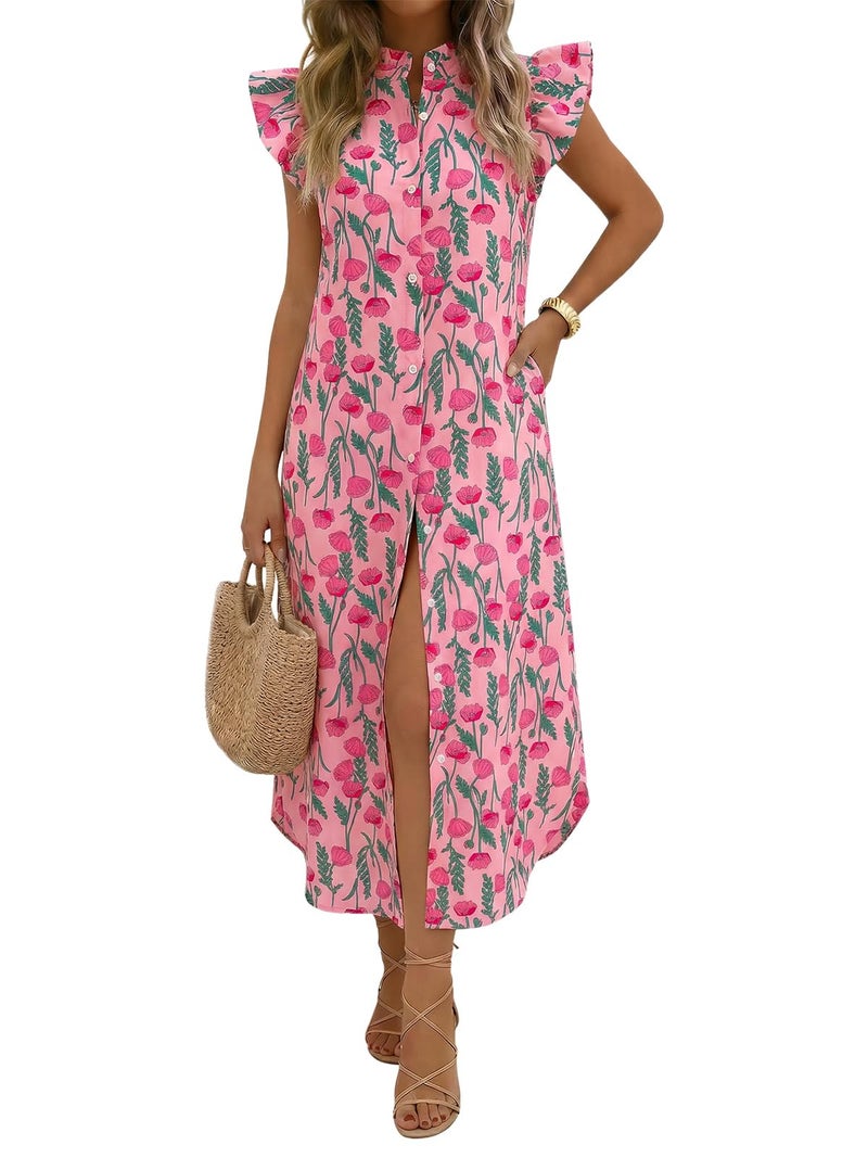 Wenrine Womens Summer Button Down Shirt Dress Casual Floral Rufffle Cap Sleeve Loose Beach Boho Midi Sundress Pink - Image 1
