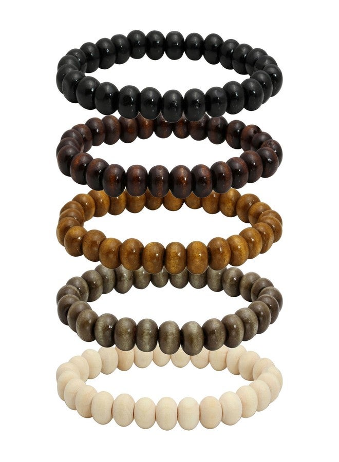 MILAKOO 5 Pcs Wooden Beaded Bracelet Bangle for Men and Women Elastic 8MM Beads - Image 1