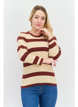 Women Round Neck Long Sleeves Stripe Top, Beige/Brown
