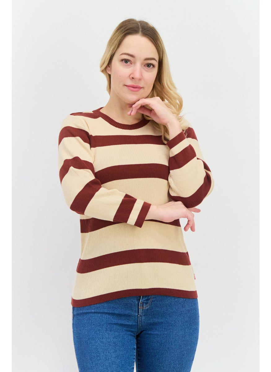 Levi's - Women Round Neck Long Sleeves Stripe Top, Beige/Brown - Image 1