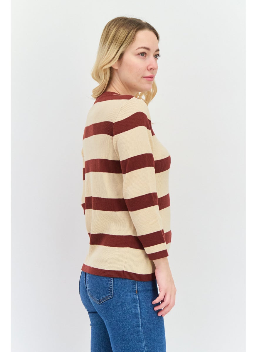 Levi's - Women Round Neck Long Sleeves Stripe Top, Beige/Brown - Image 1