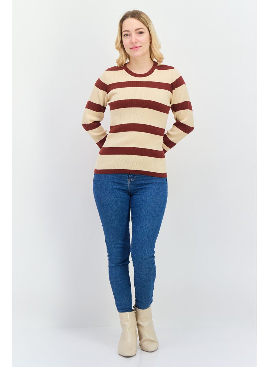 Levi's - Women Round Neck Long Sleeves Stripe Top, Beige/Brown - Image 1