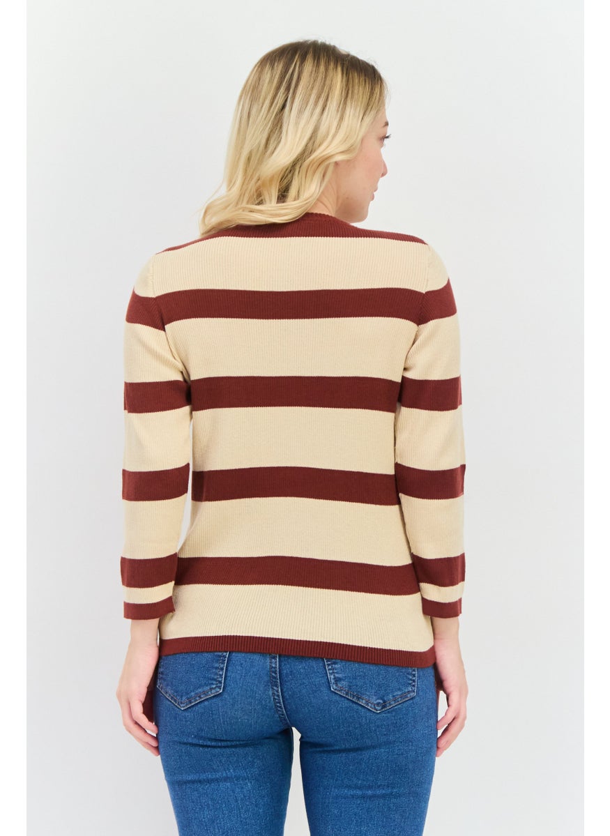 Levi's - Women Round Neck Long Sleeves Stripe Top, Beige/Brown - Image 1