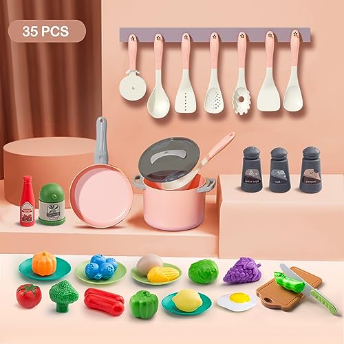 JOKERKING 35Pcs Kids Kitchen Toy Accessories Toddler Pretend Cooking Playset with Play Pots Pans Utensils Cookware Play Food Set Toy Vegetables Learning Gift for Girls  Boys Pink - Image 5