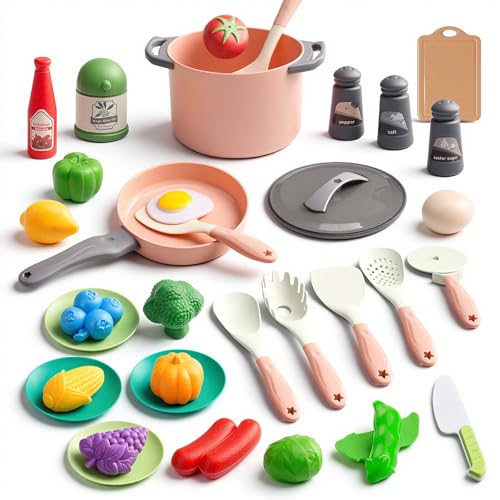 JOKERKING 35Pcs Kids Kitchen Toy Accessories Toddler Pretend Cooking Playset with Play Pots Pans Utensils Cookware Play Food Set Toy Vegetables Learning Gift for Girls  Boys Pink - Image 1