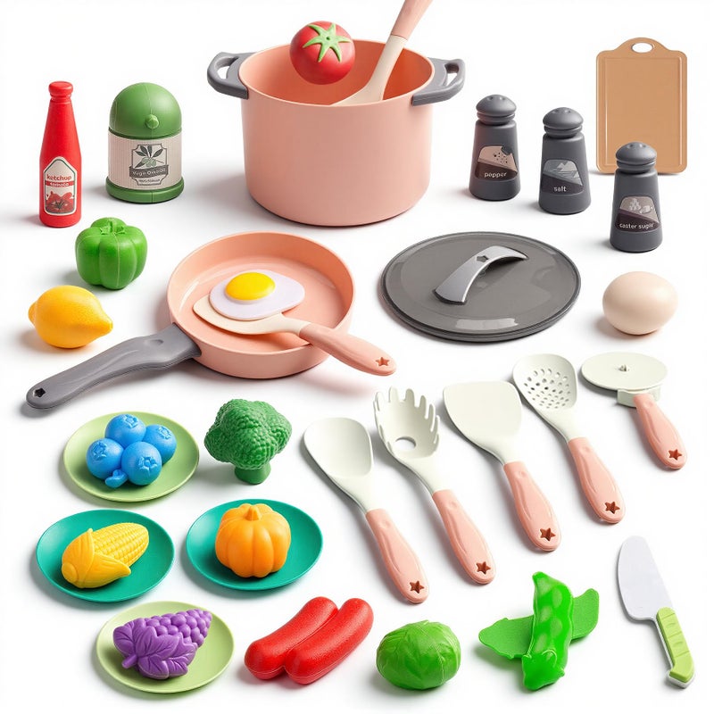 JOKERKING 35Pcs Kids Kitchen Toy Accessories Toddler Pretend Cooking Playset with Play Pots Pans Utensils Cookware Play Food Set Toy Vegetables Learning Gift for Girls  Boys Pink - Image 3