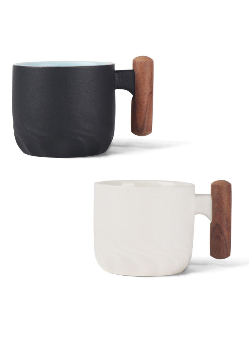2pcs mini espresso cups 70ml with ceramic wooden handles (white and black), gradient glaze tea cups,turkish coffee, latte and cappuccino mugs, Japanese-style porcelain mini coffee cups with wooden handles, small ceramic tea cups. - Image 2
