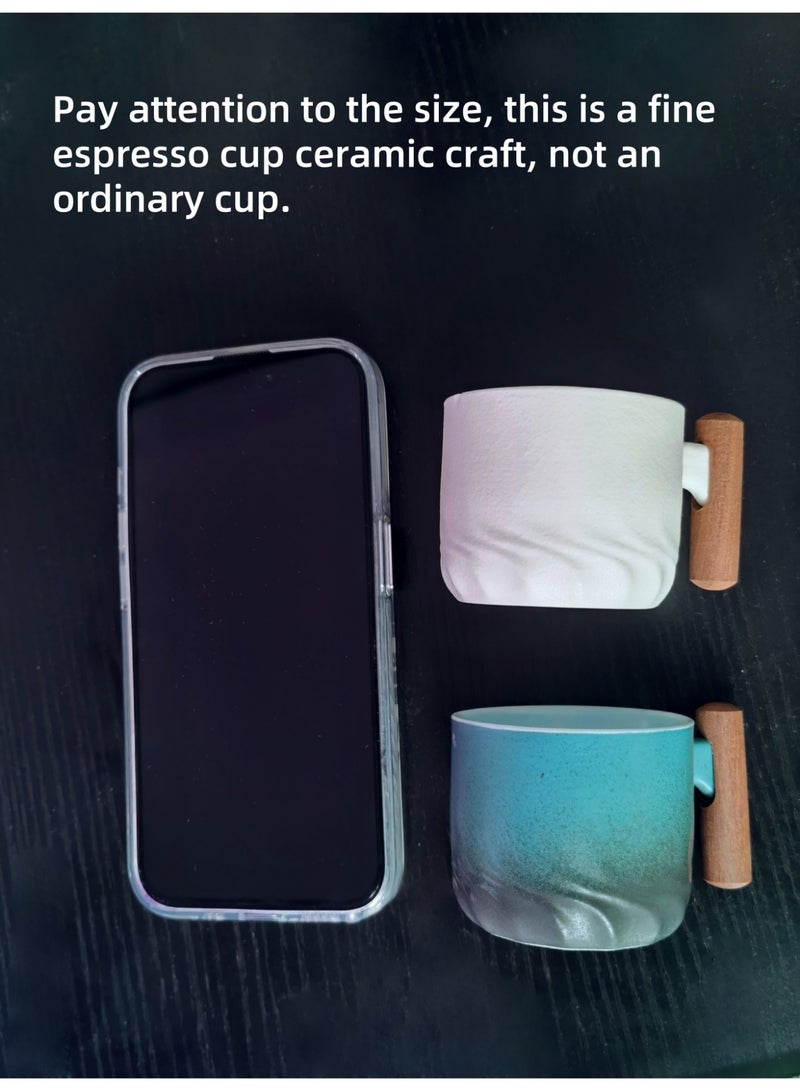 2pcs mini espresso cups 70ml with ceramic wooden handles (white and black), gradient glaze tea cups,turkish coffee, latte and cappuccino mugs, Japanese-style porcelain mini coffee cups with wooden handles, small ceramic tea cups. - Image 3