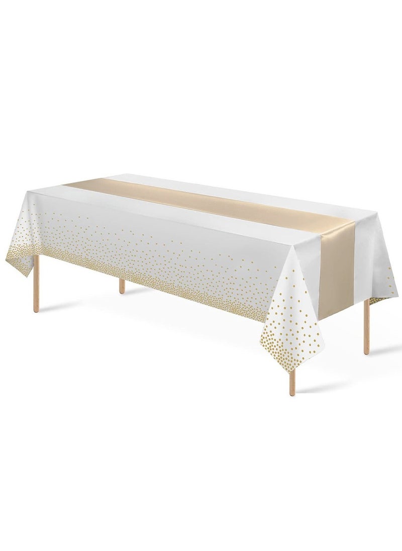 Generic Disposable plastic tablecloth and table runner set white tablecloth and rose gold polka dots, rose gold table runner suitable for wedding birthday anniversary new year party decoration  - Image 1