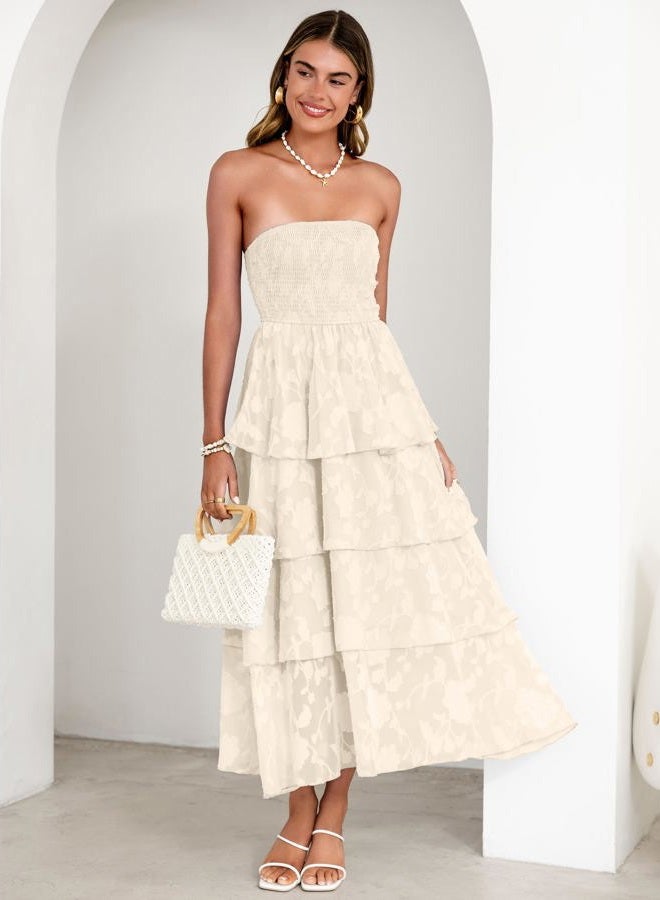 SIMPLEE Womens Summer Boho Smocked Maxi Dress 2026 Strapless Casual Sleeveless Off Shoulder Tiered Beach Long Sundress, Beige, M - Image 3