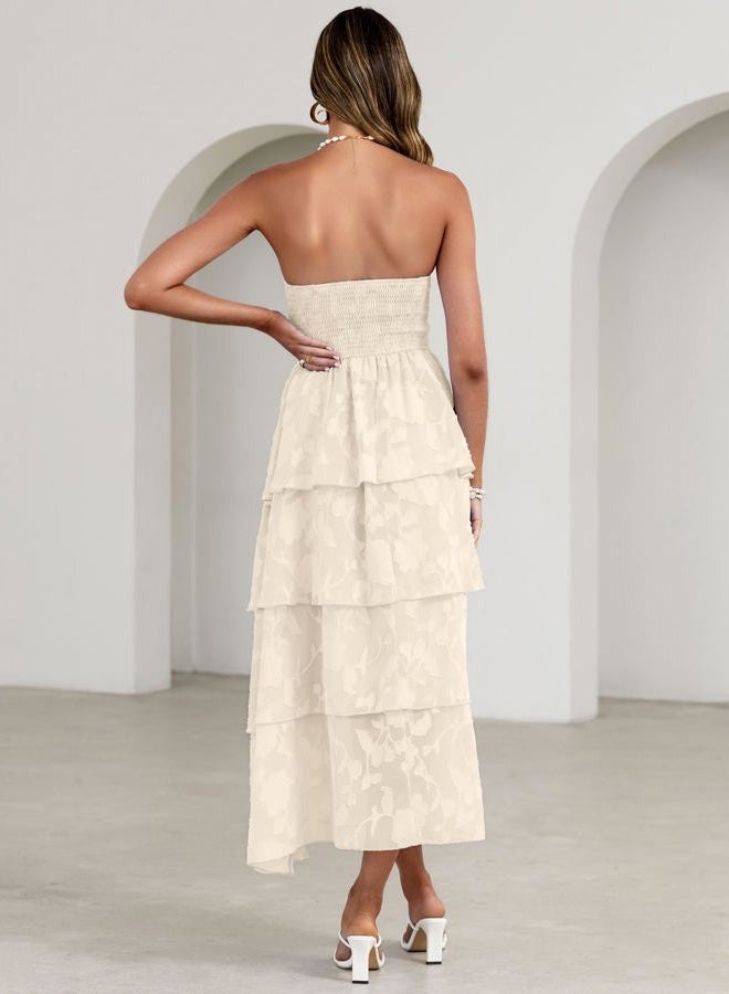 SIMPLEE Womens Summer Boho Smocked Maxi Dress 2026 Strapless Casual Sleeveless Off Shoulder Tiered Beach Long Sundress, Beige, M - Image 5