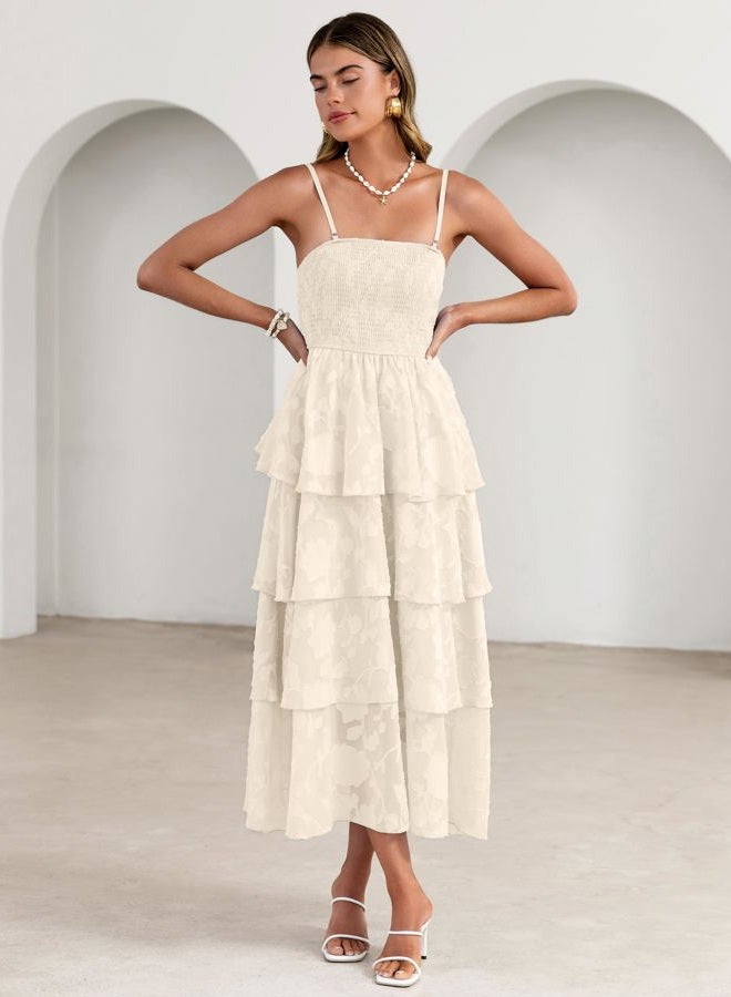 SIMPLEE Womens Summer Boho Smocked Maxi Dress 2026 Strapless Casual Sleeveless Off Shoulder Tiered Beach Long Sundress, Beige, M - Image 2