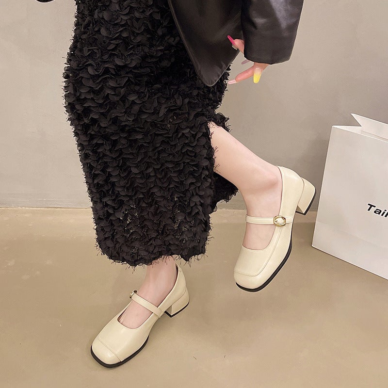 French Retro Square-Toe Mary Jane Shoes 2025 Spring New Style One-Line Leather Shoes Skirt Shallow Mouth Shoes Sweet - Image 4