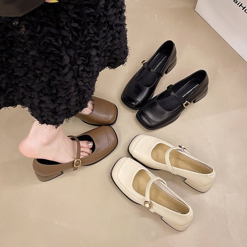 French Retro Square-Toe Mary Jane Shoes 2025 Spring New Style One-Line Leather Shoes Skirt Shallow Mouth Shoes Sweet - Image 5