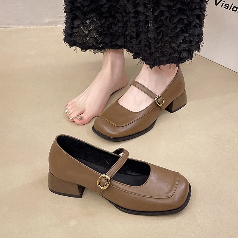French Retro Square-Toe Mary Jane Shoes 2025 Spring New Style One-Line Leather Shoes Skirt Shallow Mouth Shoes Sweet - Image 2