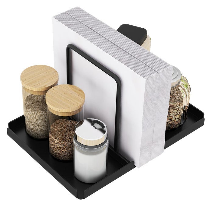 NAPKIN HOLDER FOR TABLE BLACK METAL SERVIETTE HOLDER WITH SALT PEPPER SHAKER CADDY STANDING PAPER NAPKIN DISPENSER FOR KITCHEN COUNTER DECOR