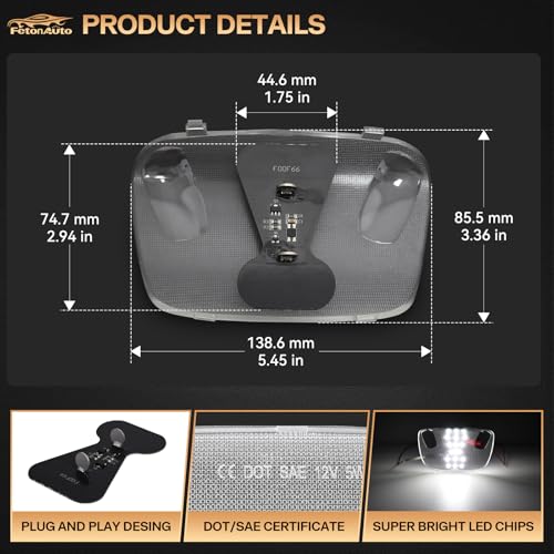 FetonAuto Interior Dome Light Cover Len With LED PCB for 1999-2007 Ford F250 F350 F450 F550 Overhead Map Reading Lamp Assembly for F150 Expedition Mustang Taurus, 6000K White - Image 3