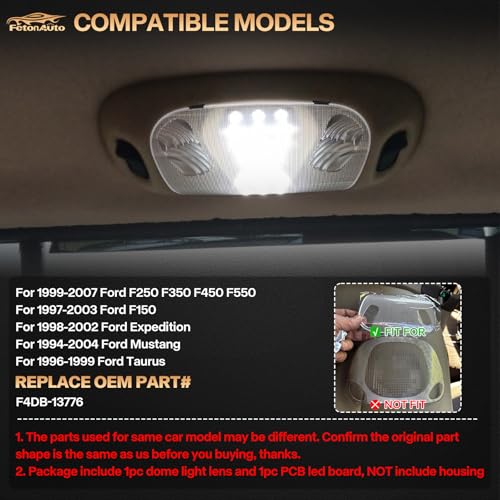 FetonAuto Interior Dome Light Cover Len With LED PCB for 1999-2007 Ford F250 F350 F450 F550 Overhead Map Reading Lamp Assembly for F150 Expedition Mustang Taurus, 6000K White - Image 5