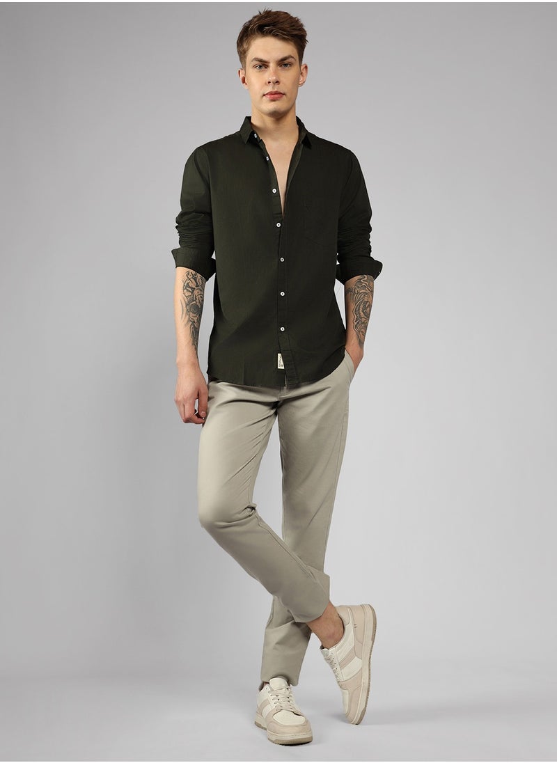 Dennis Lingo - Men's Slim Fit Olive Green Casual Cotton Spread Shirt - Image 1