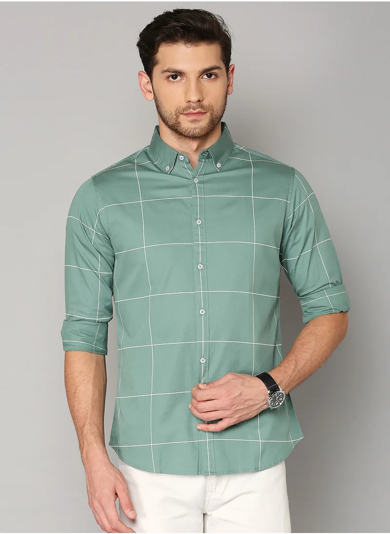 دينيس لينغو Slim Fit Green Casual Shirt - 100% Cotton