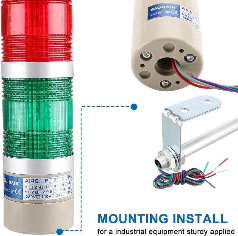 Baomain برج إشارة صناعي LED ضوء مؤشر دائري - ضوء تحذير مستمر أحمر أخضر AC 110V LTA-502T - Image 4