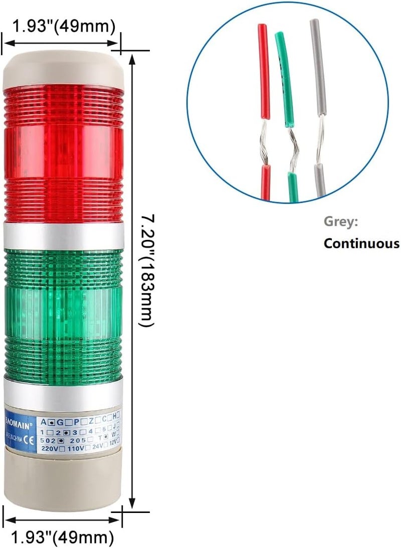 Baomain برج إشارة صناعي LED ضوء مؤشر دائري - ضوء تحذير مستمر أحمر أخضر AC 110V LTA-502T - Image 5