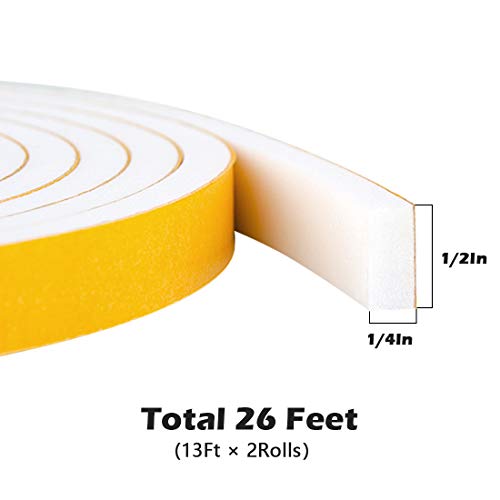 ToLanbbt White Door Window Weather Stripping Self Adhesive Foam Tape 1/2 in × 1/4 in × 26 Ft, High Density Foam Sealing Strip Window Insulation Weatherproof Gasket Tape for Doors and Windows - Image 2