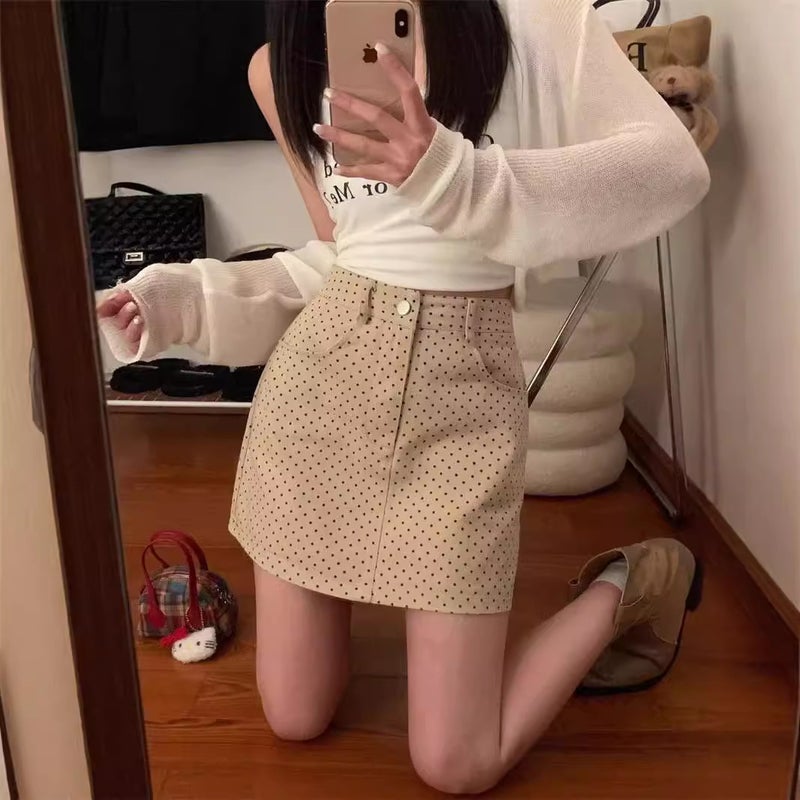 Apricot High Waist Polka Dot Denim Skirt Women'S Summer Anti-Glow Slimming A- Line Hip Girl Skirt - Image 3