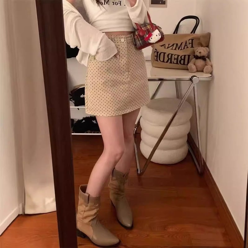 Apricot High Waist Polka Dot Denim Skirt Women'S Summer Anti-Glow Slimming A- Line Hip Girl Skirt - Image 5