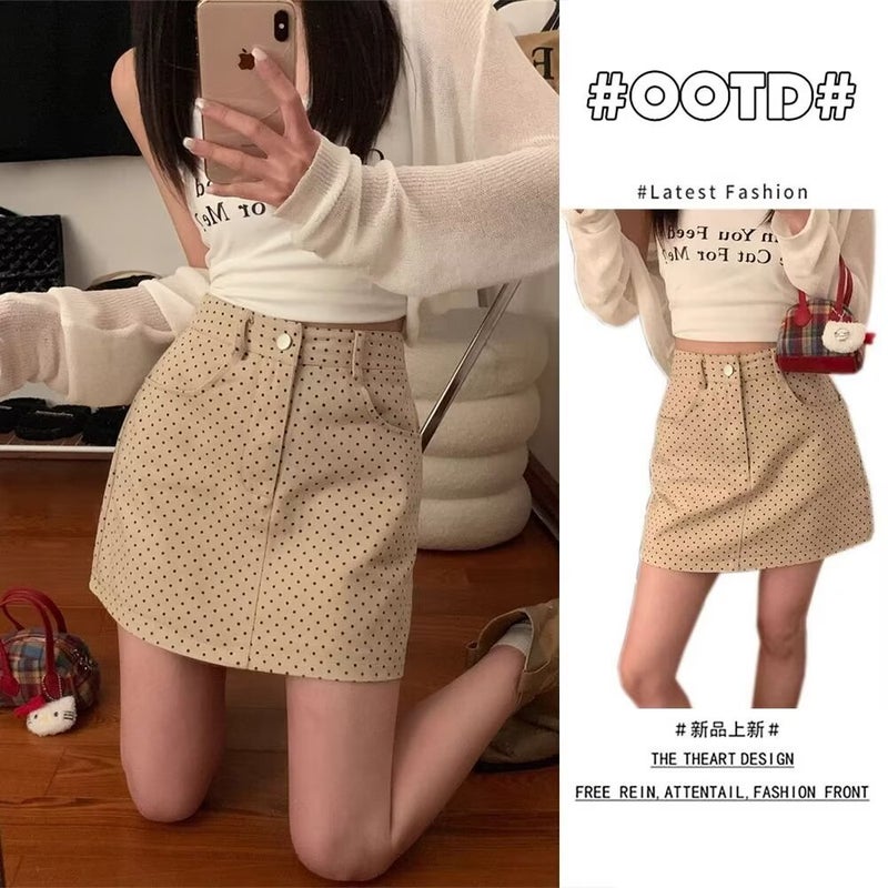 Apricot High Waist Polka Dot Denim Skirt Women'S Summer Anti-Glow Slimming A- Line Hip Girl Skirt - Image 2