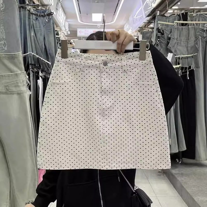 Apricot High Waist Polka Dot Denim Skirt Women'S Summer Anti-Glow Slimming A- Line Hip Girl Skirt - Image 1