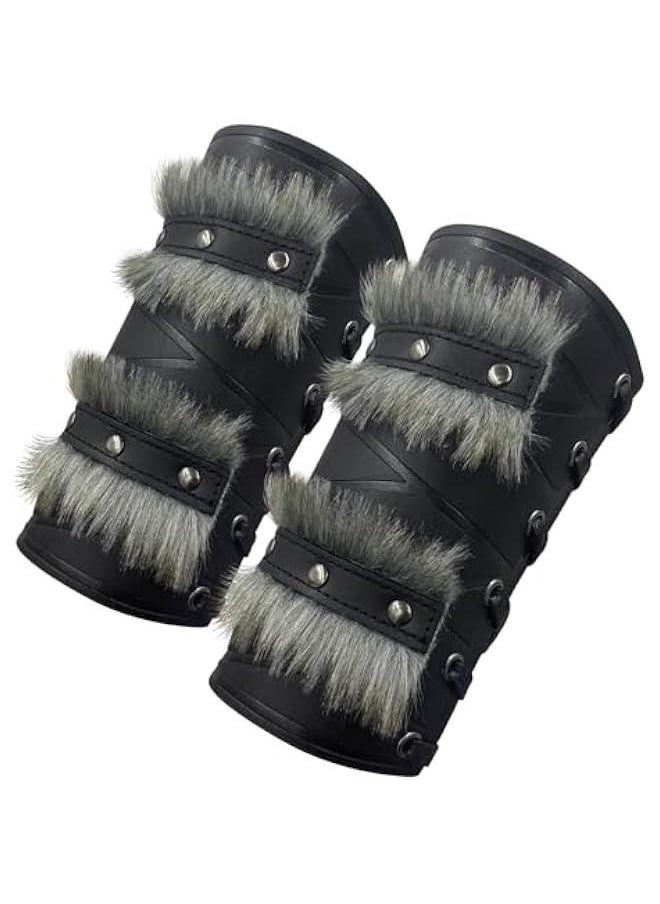 Generic Nordic Viking Barbarian Arm Guards, Medieval Artificial Fur Gauntlets, Vintage Faux Leather Bracers for LARP  - Image 1