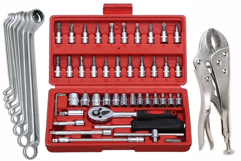 Digital Craft Digital Craft Hand Tool Kit Car Ratchet Wrench Assembly Tool Household Repair Tools Automotive Set Socket Set 46Pc8Pc Ring Spanner Set10 Inch Lock Plier  - Image 1