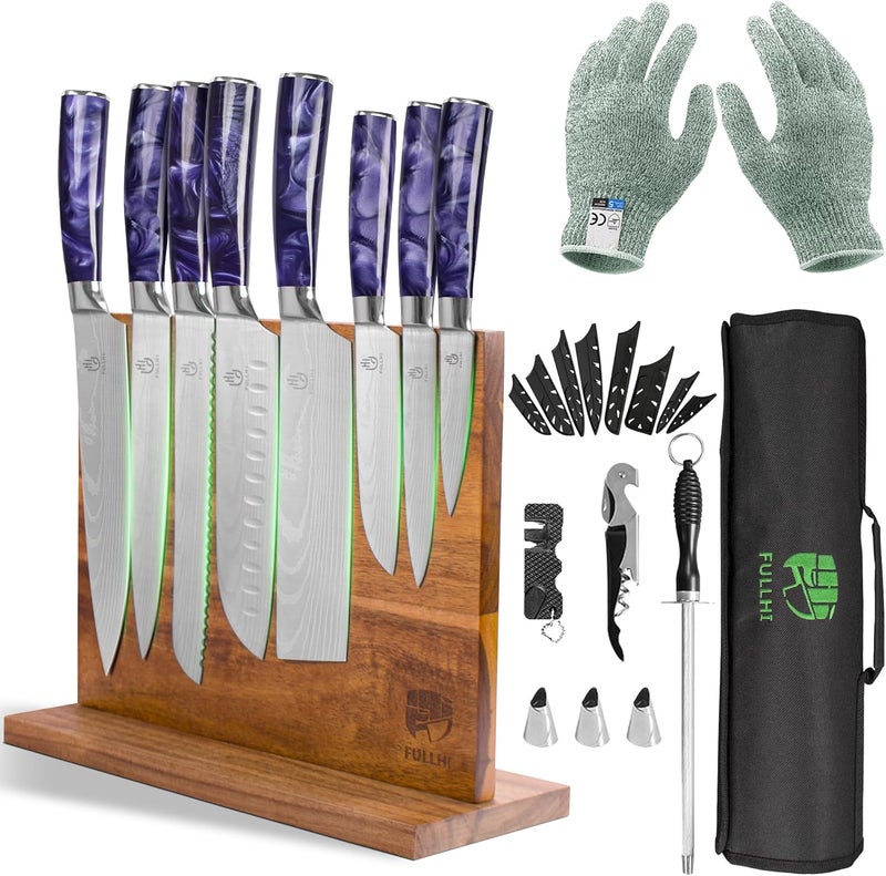 FULLHI 14/15pcs Japanese Multiple Colour Premium German Stainless Steel Kitchen Knife Set (Purple, Magnetic Block Knife set) - Image 1