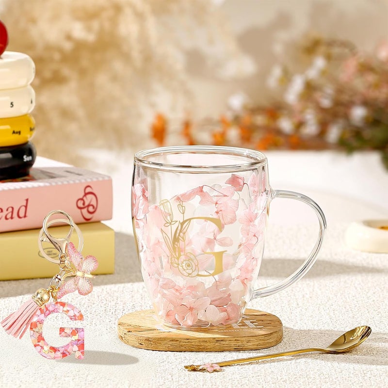 BigNoseDeer Gifts for Women Glass Coffee Mugs Unique Birthday Gift for Women Her Ladies Espresso Tea Cups Personalised Friendship Wedding Gifts Cute Double Walled Glass Mugs Pink Stuff Graduation Gift (Letter G) - Image 4