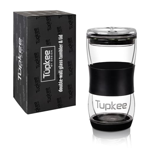 Tupkee 20 oz Double Wall Glass Tumbler With Lid – All Glass Hand Blown Reusable Insulated Travel Mug - For Coffee, Tea, Boba, Iced Coffee, and Smoothie Cup To Go – Black - Image 1