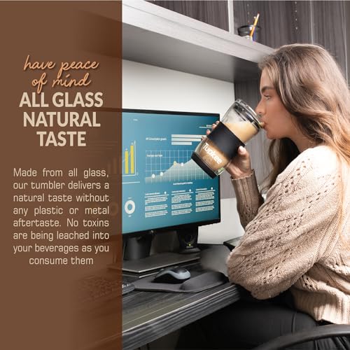 Tupkee 20 oz Double Wall Glass Tumbler With Lid – All Glass Hand Blown Reusable Insulated Travel Mug - For Coffee, Tea, Boba, Iced Coffee, and Smoothie Cup To Go – Black - Image 4