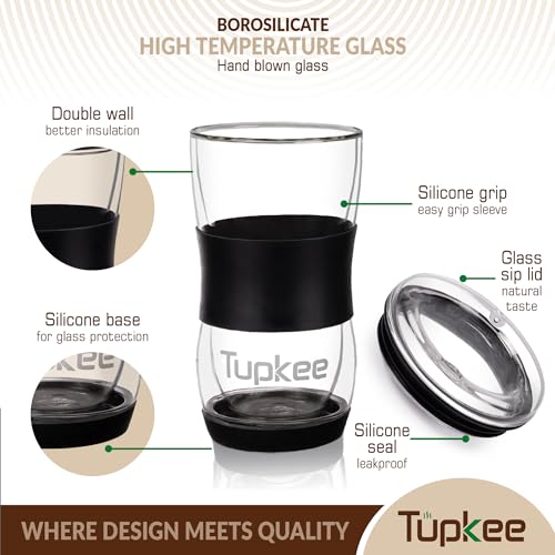 Tupkee 20 oz Double Wall Glass Tumbler With Lid – All Glass Hand Blown Reusable Insulated Travel Mug - For Coffee, Tea, Boba, Iced Coffee, and Smoothie Cup To Go – Black - Image 3