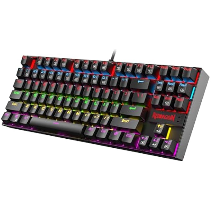 rayihni K552-RGB لوحة مفاتيح ميكانيكية مدمجة للألعاب باللغتين العربية والإنجليزية مضاءة خلفياً سلكية مع مفاتيح مقاومة للغبار لنظام ويندوز (أسود، 87 مفتاح بمفاتيح حمراء) - Image 1