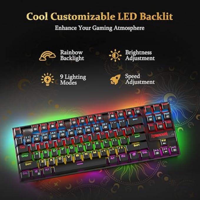 rayihni K552-RGB لوحة مفاتيح ميكانيكية مدمجة للألعاب باللغتين العربية والإنجليزية مضاءة خلفياً سلكية مع مفاتيح مقاومة للغبار لنظام ويندوز (أسود، 87 مفتاح بمفاتيح حمراء) - Image 2